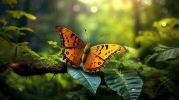 une papillon sur Naturel vert Contexte de Jeune juteux herbe dans lumière du soleil avec magnifique bokeh. papillon. génératif ai photo