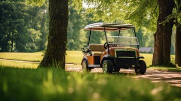 une le golf voiture, le golf voiture sur le le golf cours. génératif ai photo