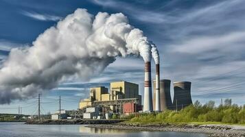 journée vue de Puissance usine, fumée de le cheminée, génératif ai photo