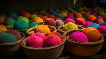 brillant couleurs dans noix de coco coquilles pour Indien Holi festival. coloré gulal, poudre couleurs pour content salut, génératif ai photo