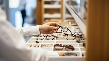 méconnaissable femme dans médecin uniforme démontrant lunettes mis sur étagère pour vitrine tandis que travail dans optique magasin. génératif ai photo