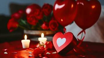 marier moi concept, mariage, engagement bague avec rouge bougies, des roses bouquet, cœur en forme de air ballon. content st. valentines journée concept. ai génératif photo