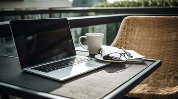 Accueil Bureau concept. désigné travail de Accueil zone à le balcon. moderne ordinateur portable, carnet et une tasse de café sur tableau, élégant paille chaise avec coussins. proche en haut, ai génératif photo