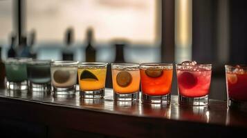 bar compteur avec des lunettes de cocktail sur le plage, ai génératif photo