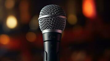 proche en haut de microphone dans concert salle ou conférence chambre. microphone. génératif ai photo