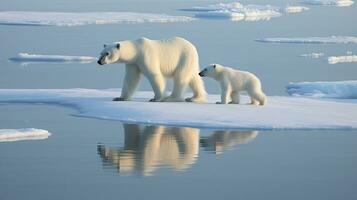 polaire ours truie et lionceau marcher sur la glace banquise dans Arctique océan. génératif ai photo