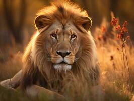 Lion dans le prairie. Roi de le forêt. génératif ai. photo