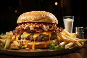 le dîner nostalgie classique du boeuf Burger avec fondu fromage et frites ai généré photo