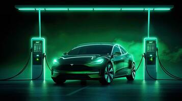 un électrique voiture à mise en charge gare. de face vue électrique voiture silhouette avec vert embrasé sur foncé Contexte. automobile La technologie concept. génératif ai photo