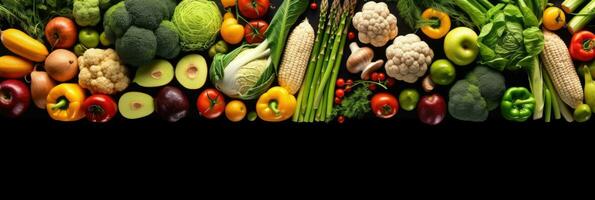 assortiment de Frais des légumes. nourriture Contexte avec assortiment de Frais biologique des légumes. Frais des légumes. large bannière. génératif ai photo