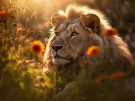 Lion dans le prairie. Roi de le forêt. génératif ai. photo