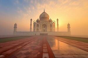 taj Mahal, Indien. Matin brouillard. lever du soleil. génératif ai. photo