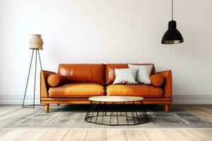 confortable vivant pièce avec une confortable canapé, café table et chaud lampe photo
