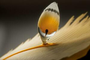 photographier une Jaune gouttelette sur une blanc plume en haut proche photo