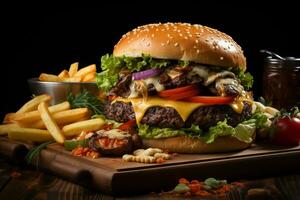 Burger le banquet artisanat du boeuf hamburgers, légumes, et frites sur une en bois planche ai généré photo