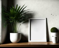 dans le intérieur, une moquer affiche Cadre. le intérieur de une Accueil ou lieu de travail Caractéristiques une béton mur avec une blanc Cadre pour une affiche ou portrait photo