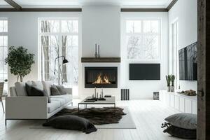 confortable blanc vivant pièce avec une chaud cheminée et confortable canapé photo