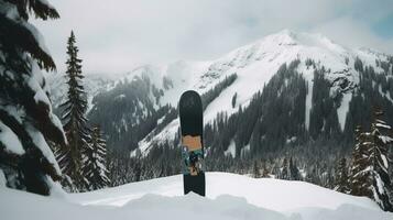 snowboarder dans un extrême sauter descend de ski Montagne. ai généré. photo