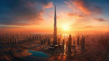 aérien vue de Dubai, uni arabe émirats dans près le coucher du soleil. génératif ai photo