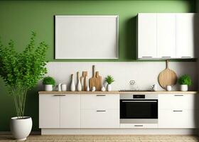 horizontal Cadre maquette dans une cuisine avec une vert mur et décoration avec un ornemental plante et vaisselle. 3d illustration, intérieur conception, photo