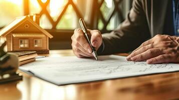 accord à signe le achat Contrat concept. réel biens agent ou Ventes directeur a proposé termes et conditions à les clients qui signe maison achat les accords avec assurance, génératif ai photo