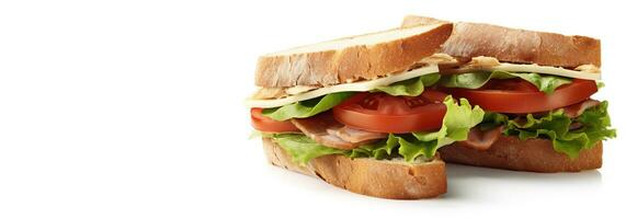 Frais sandwich avec jambon, fromage, tomates, vite nourriture sur blanc arrière-plan, isoler. ai généré. photo
