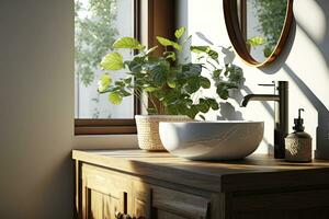 un en bois vanité compteur avec blancen céramique lavabo et moderne style robinet dans une salle de bains avec Matin lumière du soleil et ombre. Vide espace pour des produits afficher maquette photo