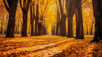 l'automne forêt paysage avec route de tomber feuilles, chaud lumière éclairant le or feuillage. sentier dans scène l'automne forêt la nature. génératif ai photo
