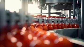 tomate jus remplissage machine dans industriel les plantes. génératif ai photo