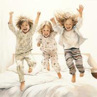 content les enfants dans pyjamas sauter sur le lit. une amusement enfance. aquarelle illustration. photo