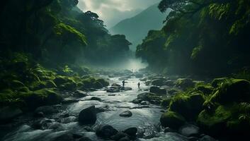 fantastique vue de une Montagne rivière écoulement par une vert forêt photo