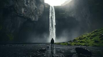 silhouette de une homme permanent dans de face de Skogafoss cascade, Islande photo