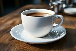 soucoupe en portant blanc café tasse, parfait café moment ai généré photo