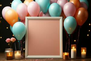 pastel fête maquette, cadre, des ballons, confettis, plat allonger style ai généré photo