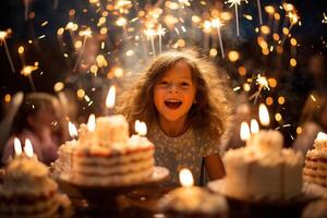 Jeune fille soufflant en dehors anniversaire gâteau bougies, entouré par excitation, joie, et le chaleur de une spécial fête. ai génératif photo