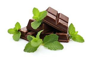 Lait Chocolat pièces et Frais menthe feuilles, une délicieux combinaison pour une sucré traiter, isolé sur une blanc Contexte. ai génératif photo