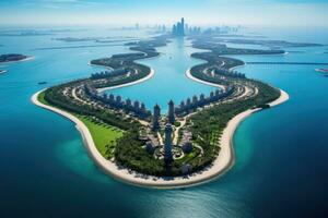 aérien vue de zhejiang jinji Lac dans suzhou, Chine, aérien vue de paume île dans Dubai, ai généré photo