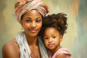 portrait de une magnifique africain américain mère avec sa peu fille. africain américain mère et fille, ai généré photo