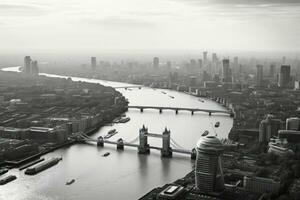 aérien vue de Londres horizon avec la tour pont et grattes ciels. aérien vue de Londres et le rivière Tamise, ai généré photo