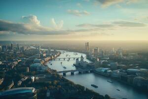 aérien vue de Londres horizon à le coucher du soleil avec grattes ciels et des ponts. aérien vue de Londres et le rivière Tamise, ai généré photo