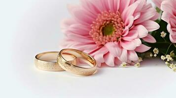 rose fleurs et deux d'or mariage anneaux sur blanc Contexte. ai génératif photo
