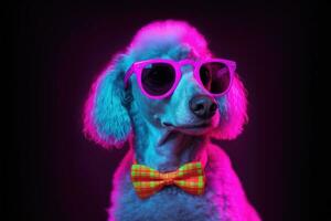 une à la mode caniche portant des lunettes néon lumières dans le studio. génératif ai. photo