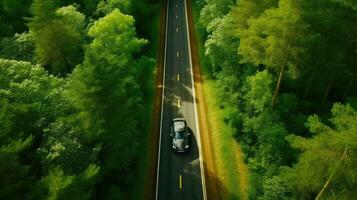 aérien vue de électrique voiture et ev électrique énergie pour environnement, ev voiture sur forêt route. écosystème écologie en bonne santé environnement. génératif ai photo