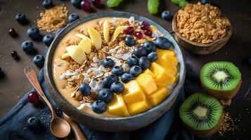 en bonne santé ananas, mangue smoothie bol avec noix de coco, bananes, myrtilles et granola. génératif ai photo