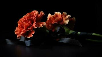 noir funéraire ruban avec œillet fleurs, ai génératif photo