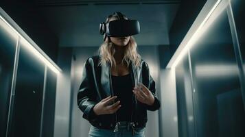 femme portant une vr casque, elle est interagir avec virtuel réalité et explorant le métaverse, génératif ai photo