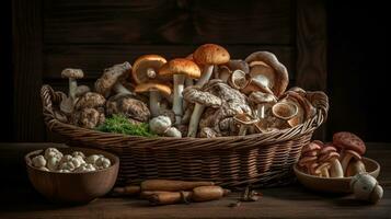 osier plateau avec variété de brut champignons sur en bois tableau. ai génératif photo