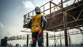 ingénieur technicien en train de regarder équipe de ouvriers sur haute acier plateforme,ingénieur technicien à la recherche en haut et en cours d'analyse un inachevé construction projet, génératif ai photo