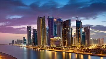 panorama de le ville centre de Doha, pendant une nuageux coucher de soleil, génératif ai photo