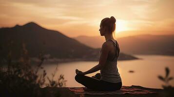 yoga à le coucher du soleil - femme dans méditation - concentrer sur premier plan, génératif ai photo